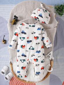 Baby Jungen Cartoon Bagger Bedruckter Jumpsuit Mit Hut, Herbst Und Winter