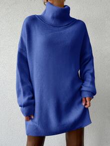 EURMUSE 女式高領燈籠袖寬鬆毛衣 - 藍色 - 查看 4