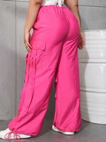 Plus Size Women Elastic Waist Drawstring Pockets Loose Wide Leg Cargo Pants - Hot Pink - View 2