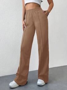 Cloudara Solid Color Elastic Waist Wide Leg Pants - Beige - View 5
