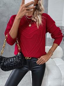 SHEIN Essnce Women's Solid Color Drop Shoulder Sweater - Red - View 5