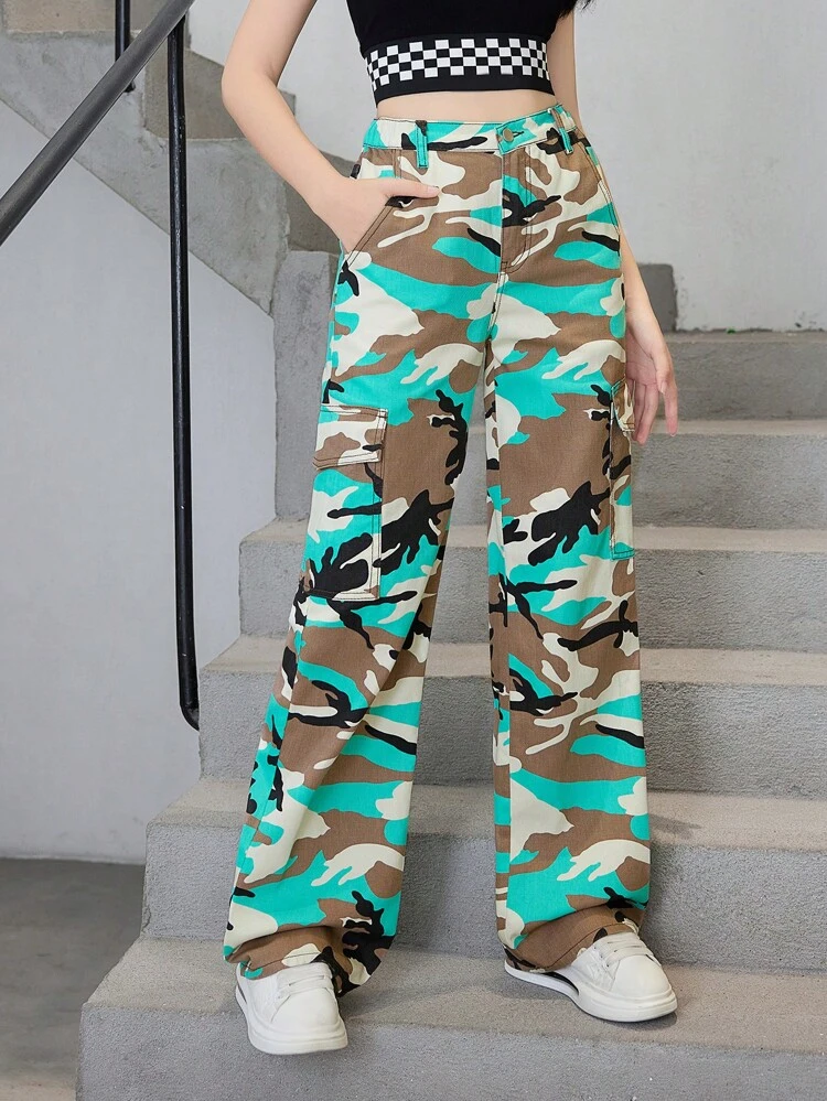 Teen Girls' Casual Fashionable Vintage Style Camouflage Denim Straight Leg Pants