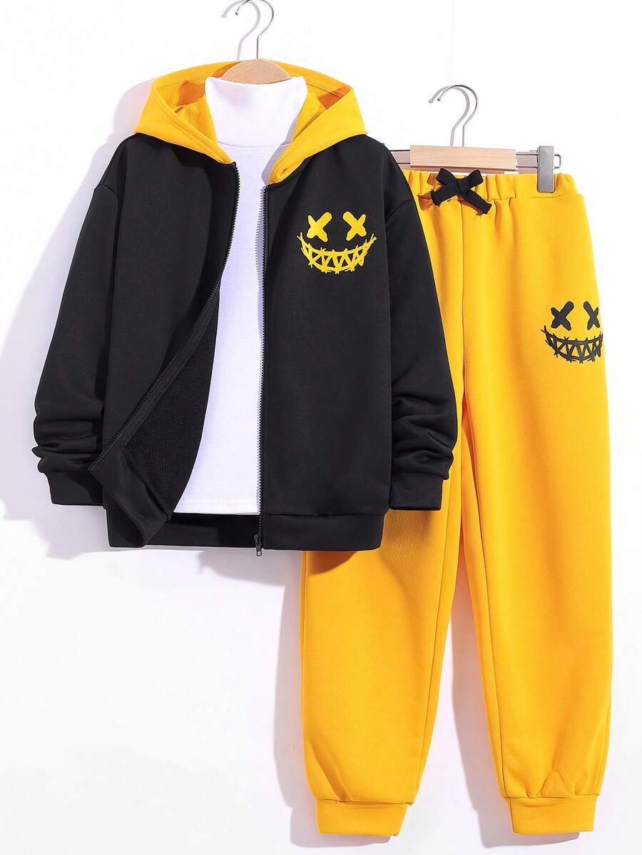青少年男孩表情印花兩色拉鍊開衫連運動褲（不含上衣） - 彩色 - 查看 1