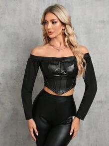 SHEIN Tall Blusa in pelle PU con spalle scoperte e orlo asimmetrico - nero - Visualizzare 3