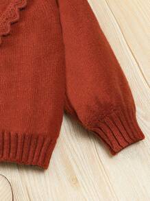 SHEIN Little Girl's Lantern Sleeve Embroidered Knitted Sweater Cardigan - Brown - View 3