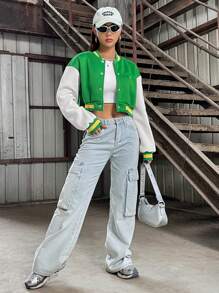 Flirla 女款拼色系扣短夾克 - 彩色 - 查看 5