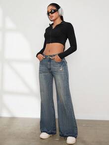 Women's Wide Leg Denim Pants - Blue - View 5