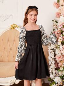 Tween Girl Floral Print Flounce Sleeve Dress - Black - View 6