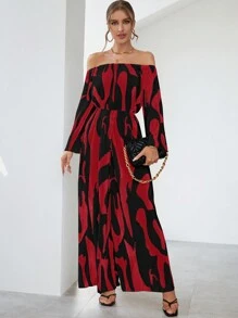 SHEIN Privé 女性圖案一字肩闊腿連體褲 - 紅色 - 查看 3