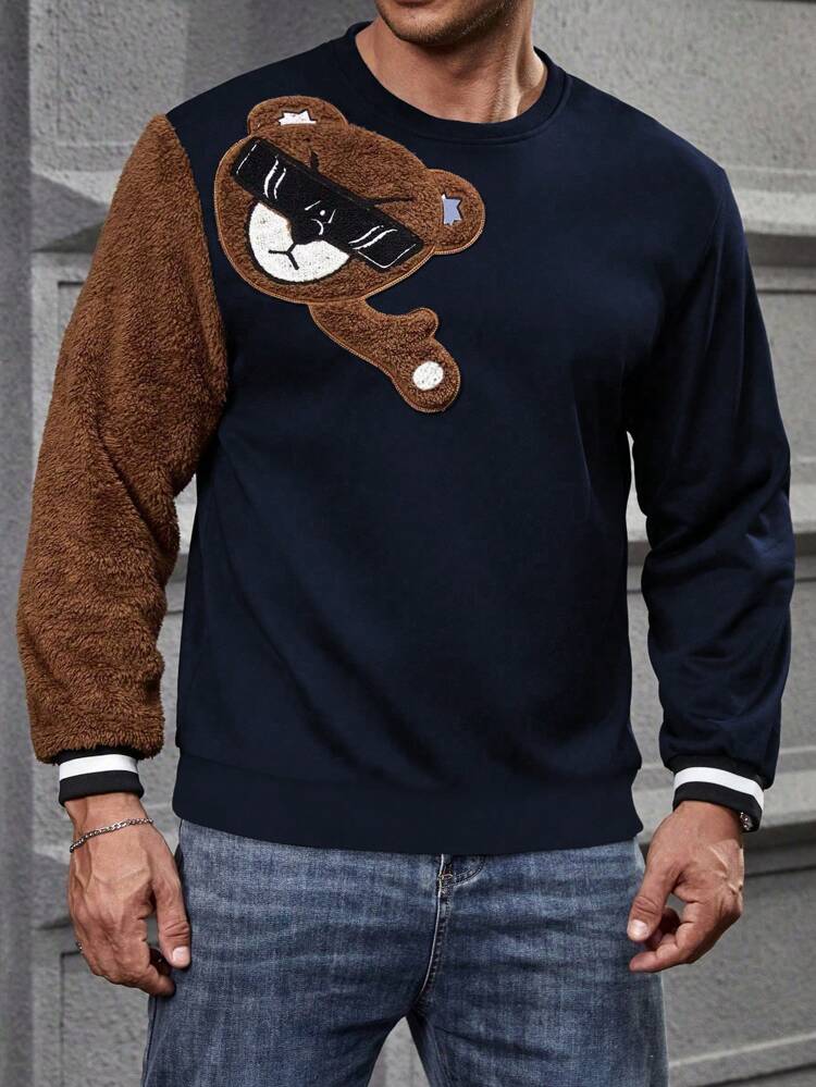 Cartoon Bear Pattern Long Sleeve Men'S Plus Size Sweatshirt