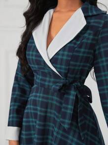 SHEIN Lady Lapel Neck Tie Side Plaid Dress - Multicolor - View 6