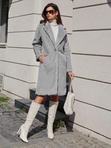 SHEIN Cottnline Lapel Neck Drop Shoulder Teddy Coat - Light Grey - View 5