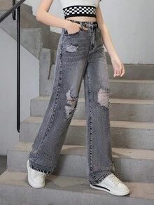Thiếu niên Cô gái Mới Giải trí Đúng mốt Quần legging thẳng Với Đau khổ Chi tiết - Màu Xám nhạt - Xem 3