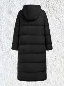 SHEIN EZwear 字母拼接细节撞色侧缝拉链连帽夹棉大衣 - 黑色 - 查看 2