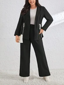 SHEIN Essnce Plus Drawstring Waist Blazer & Wide Leg Pants - Black - View 3
