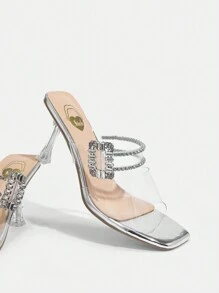 SheIn SXY 鑽石和扣式絲帶高跟穆勒拖鞋