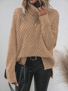 SHEIN LUNE High Neck Drop Shoulder Sleeve Sweater - Khaki - View 4