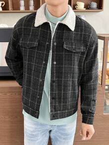 GENTILAND 宽松格子印花男式博格领毛绒衬里大衣