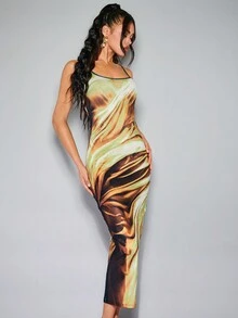 SHEIN BAE 女款流體抽像印花圖案吊帶修身長連身裙 - 綠色 - 查看 3