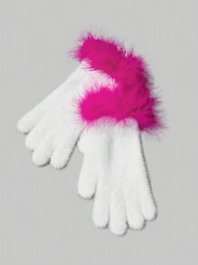 SHEIN ICON 人造羽毛装饰毛绒手套复古，学校 - 白色 - 查看 2