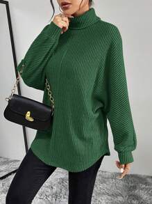 SHEIN Essnce Turtleneck Batwing Sleeve Tee - Green - View 1