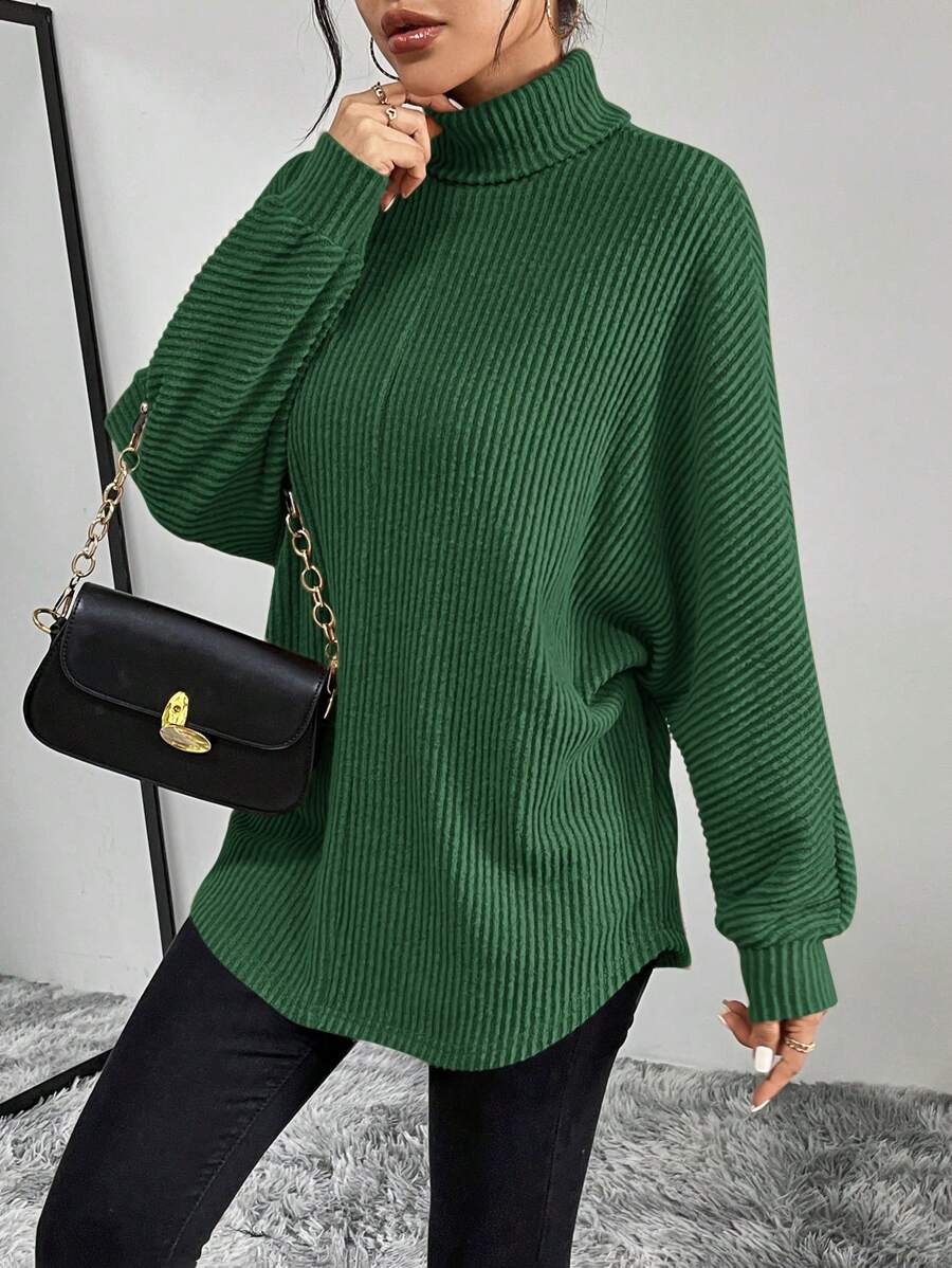 SHEIN Essnce Turtleneck Batwing Sleeve Tee - Green - View 1