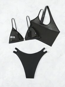 Conjunto de bikini de copa triangular de color liso con cubridor, 3 piezas/set, playa de verano - Negro - Ver 5