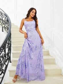 Missord Spaghetti Strap Sequin Evening Party Formal Dress - Purple - View 1