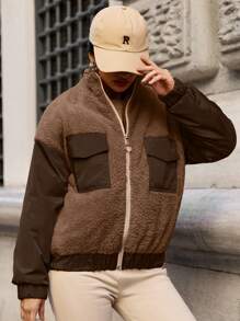 EURMUSE Ladies' Fleece Patchwork Padded Coat - Brown - View 3