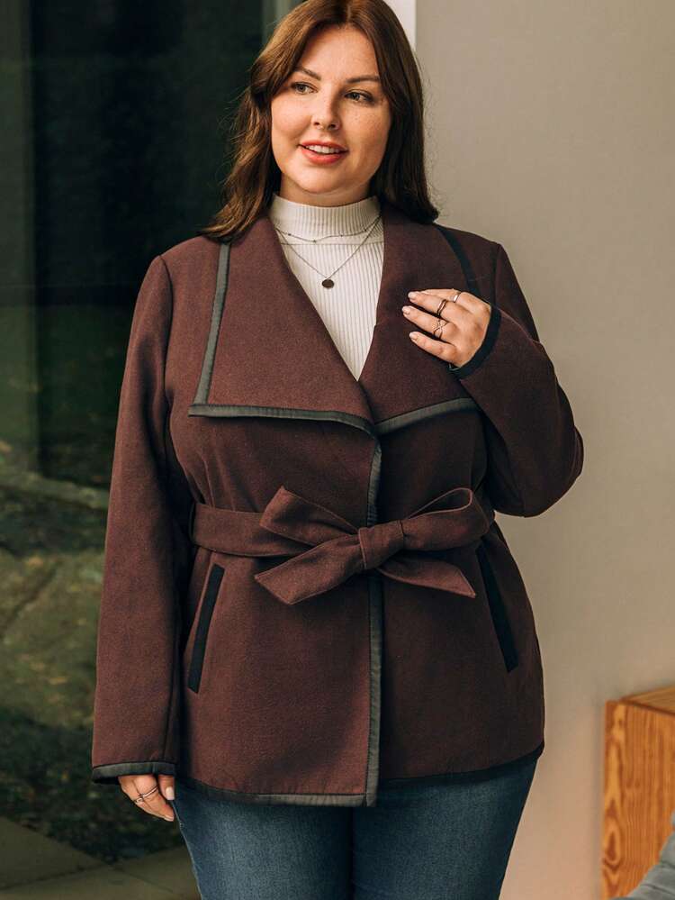 Plus Contrast Binding Waterfall Collar Belted Overcoat