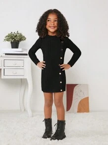 SHEIN Young Girl Solid Color Round Neck Long Sleeve Dress - Black - View 5