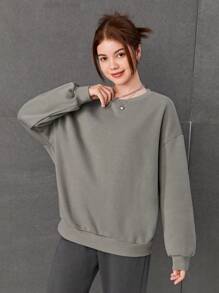 SHEIN 青少年女孩素色落肩袖運動衫 - 灰色 - 查看 5