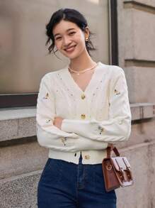 DAZY Của phụ nữ Thêu hoa Mở Mặt trước Áo len Mở - trắng - Xem 4