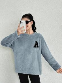 Thiếu niên cô gái Thư được vá Thả vai Aó chui đầu Teddy - Màu xanh bụi bặm - Xem 6