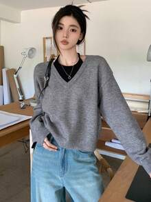 Dazy Star Của phụ nữ Thả vai Áo len - Xám - Xem 4