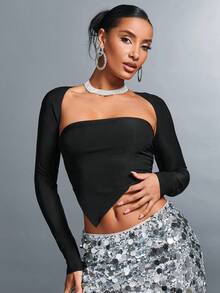 SHEIN BAE 女裝不對稱設計針織耐穿上衣,適用於聖誕聚會 - 黑色 - 查看 4