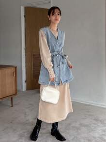 FRIFUL Women's Belted Denim Vest Jacket - Medium Wash - View 8