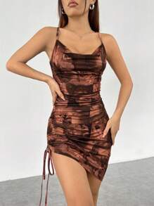 SHEIN EZwear 图形抽绳侧垂领褶饰紧身连衣裙 - 棕色 - 查看 3