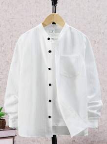 SHEIN Tween Boy Solid Button Front Shirt Without Tee - White - View 1