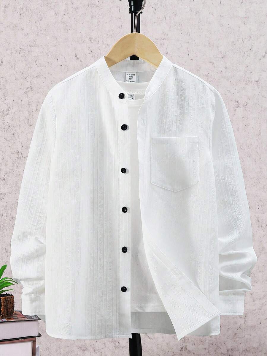SHEIN Tween Boy Solid Button Front Shirt Without Tee - White - View 1