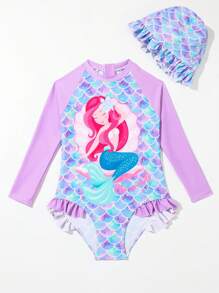 Young Girl Long Sleeve One-Piece Swimwear With Swim Cap, Suitable For Beach, Pool, And Indoor Swimming - Multicolor - View 3