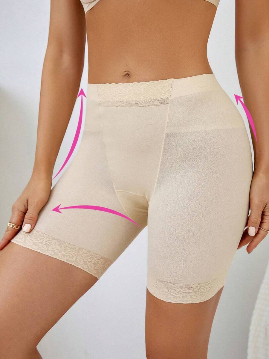 Women's High Stretch Apricot Colorblock Shapewear Shorts With Contrast Lace Y2K Style Long Underwear - Apricot - View 1