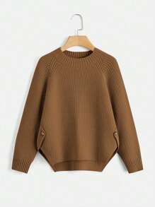 SHEIN Tween Girl Solid Color Round Neck Sweater - Camel - View 1