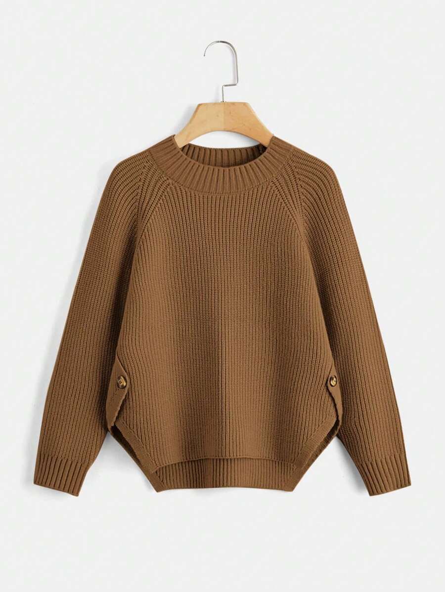 SHEIN Tween Girl Solid Color Round Neck Sweater - Camel - View 1