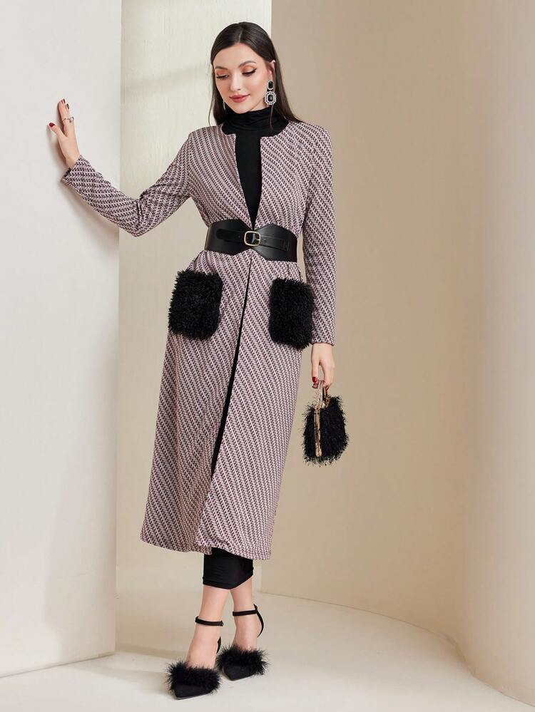 Fuzzy Pocket Patched Open Front Coat With Buckle Belt