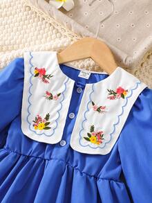 SHEIN 幼兒女童秋季花卉刺繡翻領洋裝 - 藍色 - 查看 8