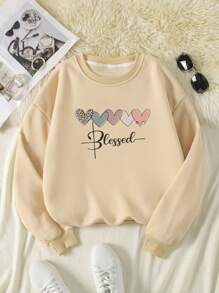 SHEIN EZwear Plus Size Heart & Letter Print Fleece Sweatshirt - Apricot - View 1