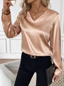 SHEIN Clasi 優雅聚會色鄉長袖直筒襯衫 - 摩卡棕 - 查看 5