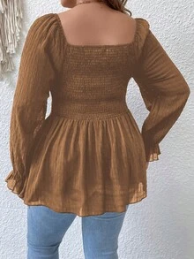 SHEIN LUNE Hơn Cổ vuông tay áo lá sen Áo sơ mi Peplum - Màu Khaki - Xem 2