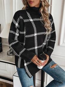 SHEIN Essnce 格子高領毛衣套頭衫 - 彩色 - 查看 6